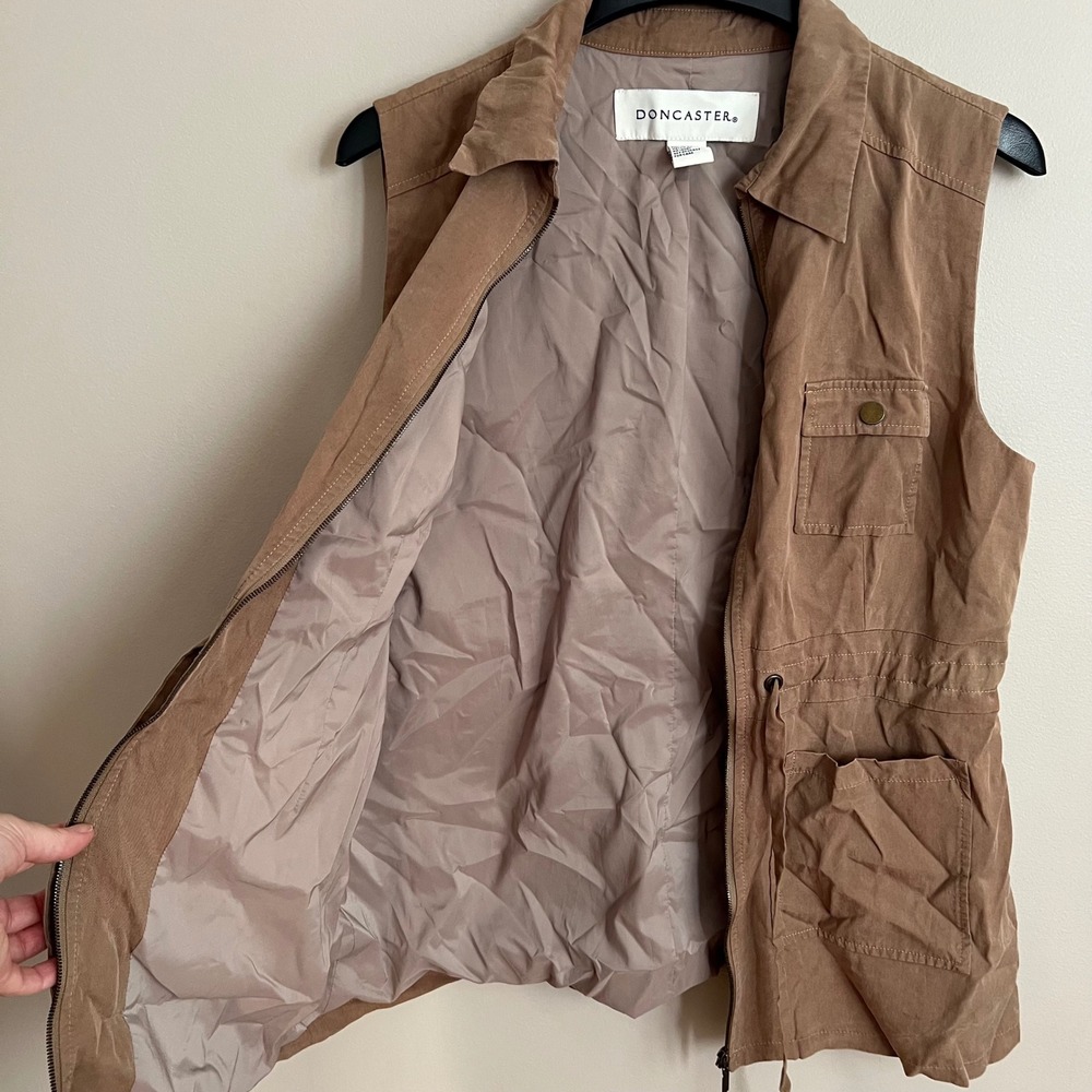 Women Drawstring Waist Full Zip Utility Safari Vest Tan Women L Cargo Military - Picture 8 of 8